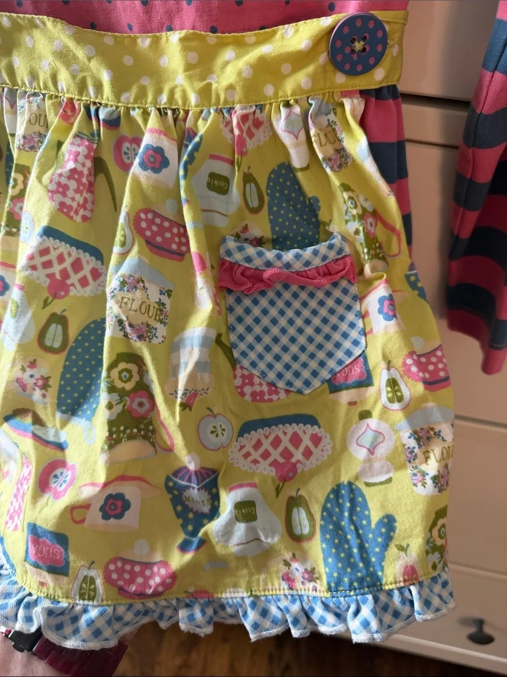Matilda Jane Pink & Navy Striped Long-Sleeve Dress with Removable Yellow Apron